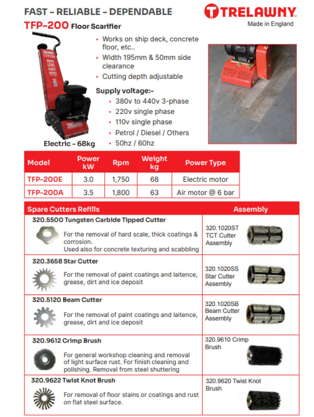 Trelawny TFP-200 Floor Planer  specification sheet 1